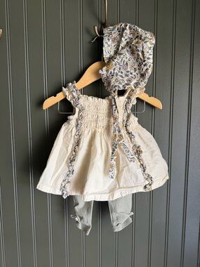 Cream Baby Dress with Floral Trim, Pants and Matching Bonnet